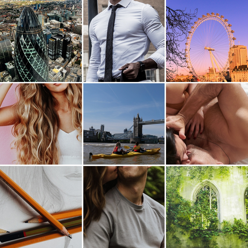 The picture shows a photo grid of Exactly Me book aesthetics, including the glass building the Gherking, a muscular man in a suit, a woman with curly hair, two people in a kayak on the Thames, pencils and a drawing, a couple kissing.